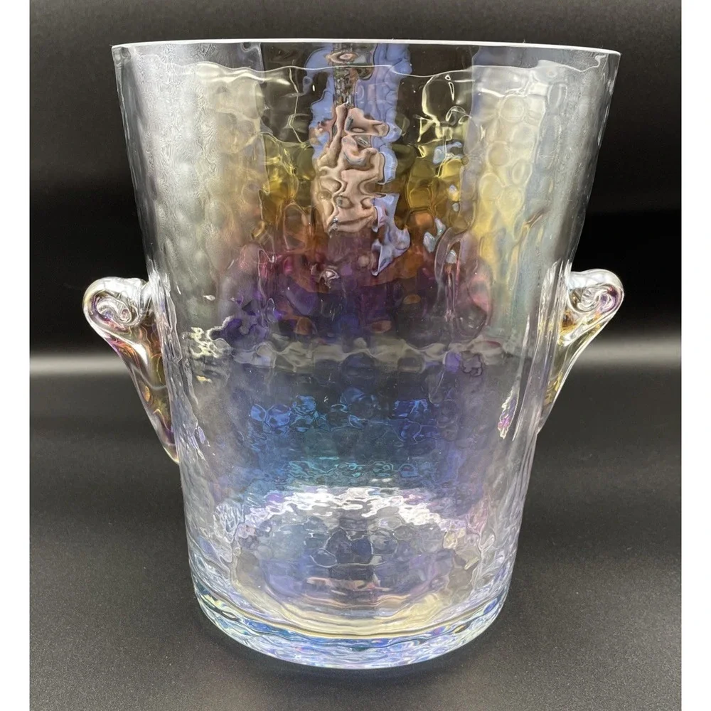 Anthropologie Zaza Iridescent Hammered Glass Ice Bucket Scroll Handles 8.5in H